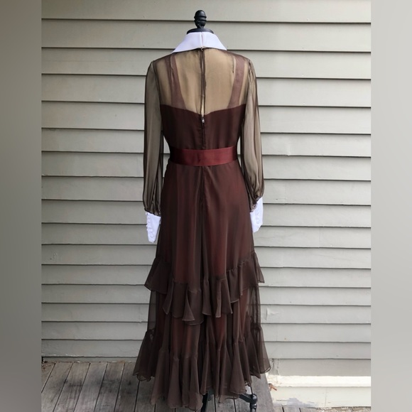 Vtg 60s/70s Wednesday Addams Goth Prairie Tiered Ruffle Contrast Trim Maxi Dress - Picture 12 of 17